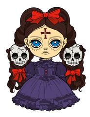 Doll with scary sinister expression, Spooky Gothic Horror Coloring Page, clean line drawing, strong outline