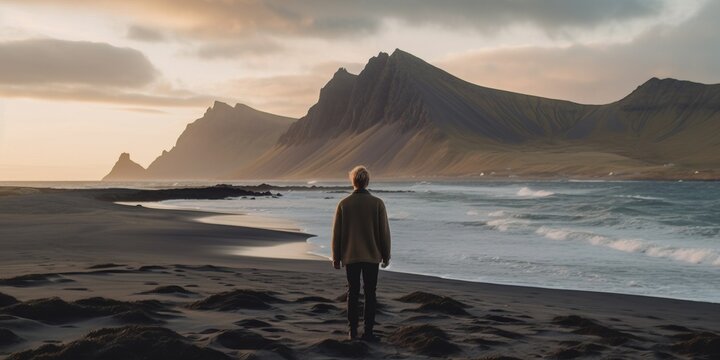 Young man looking at dramatic mountains on beach in Iceland
