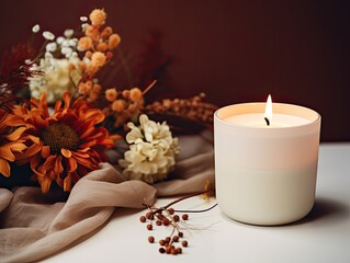 Obraz na płótnie Canvas Autumn-themed scented candle on white