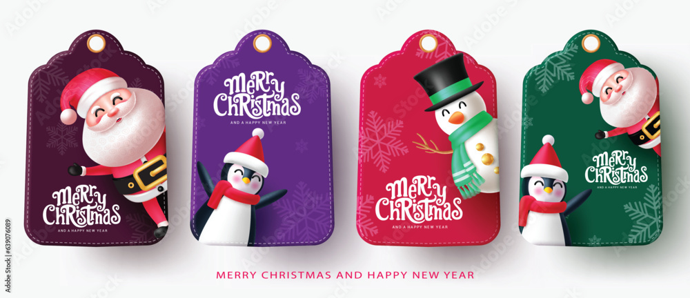 Poster christmas characters tags vector set design. merry christmas text with xmas characters in gifts tag 