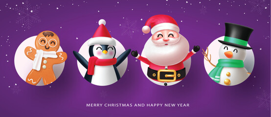Christmas characters vector set design. Merry christmas and happy new year text with santa claus, ginger bread, snowman and penguin characters in elegant background. Vector illustration greeting card 