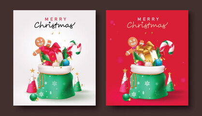 Merry christmas greeting text poster set design. Christmas holiday season gift tags and xmas card lay out collection with santa sacks elements decoration. Vector illustration greeting card collection.