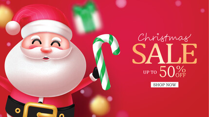 Christmas sale text vector banner design. Christmas promo discount price with santa claus character holding candy cane elements. Vector illustration xmas seasonal promo background.
