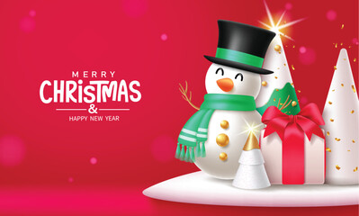 Christmas snowman character vector design. Merry christmas and happy new year greeting text with snow man mascot, pine tree and fir tree elements. Vector illustration winter season background.
