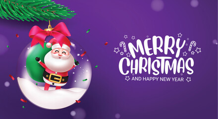 Fototapeta na wymiar Merry christmas text vector design. Christmas santa claus character in glass crystal ball hanging elements decoration in purple background. Vector illustration holiday season greeting card. 