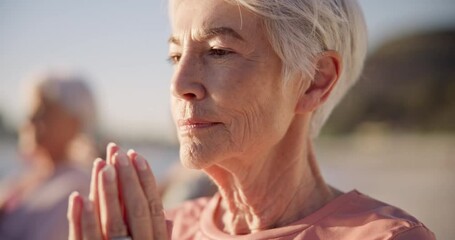 Beach yoga class, face or senior woman doing exercise, wellness breathing and learning mindfulness workout in nature. Freedom, relax or elderly person pose, morning fitness and coach teaching pilates