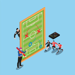Coach instructing football players isometric 3d vector concept for banner, website, illustration, landing page, etc
