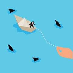 Big hand help businessman in a paper ship surrounded by sharks isometric 3d vector concept for banner, website, illustration, landing page, etc