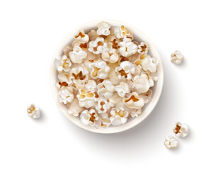 Full Popcorn cup for movies. Flying flakes in a paper bucket container cinema. Realistic movie theater snack food Cinema Snacks Packaging. Top view isolated on white background. Vector illustration.