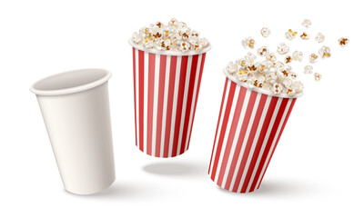 Popcorn cup for movies. Flying flakes in a paper bucket container cinema. Realistic movie theater snack food Cinema Snacks Packaging. Isolated on white background. Vector illustration.