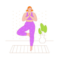 Young female character practicing yoga at home. Flat outlined colorful vector illustration.
