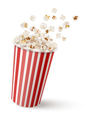 Popcorn cup for movies. Flying flakes in a paper bucket container cinema. Realistic movie theater snack food Cinema Snacks Packaging. Isolated on white background. Vector illustration.
