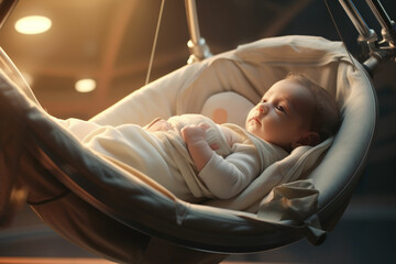 Cute little baby sleeping in a baby car seat at home.