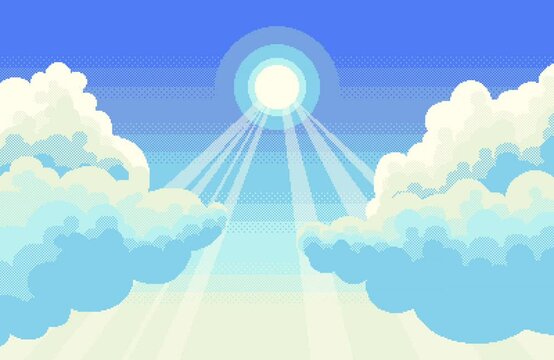  雲の間の太陽がキラキラ光輝くグラデーションの青空のドット絵動画背景素材