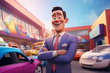 Fotobehang 3d illustration of a cartoon businessman standing in front of a car park. Ai generated © Rahela
