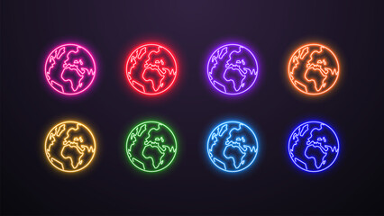 A set of neon earth icons in different colors blue, green, red, orange, purple, pink. Glowing globes.