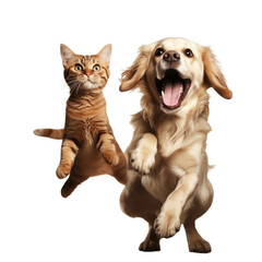 A playful dog and cat jumping in sync