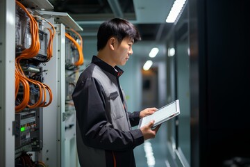 한국의 대형 빌딩의 전기 안전 설비 책임자가 태블릿 점검표를 들고 건물 전기 시설을 점검하고 있는 모습