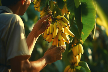 Farmer working in a banana plantation, Harvesting of ripe bananas, Ai generated