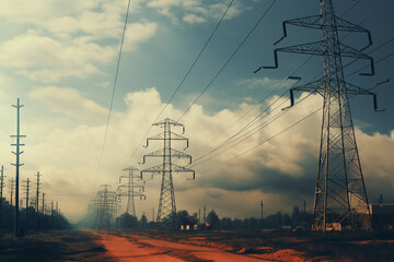 High voltage power lines and pylons. Electricity distribution station. Ai generated