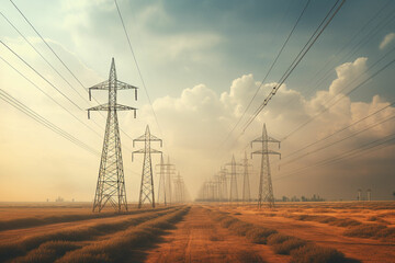 High voltage power lines and pylons. Electricity distribution station. Ai generated