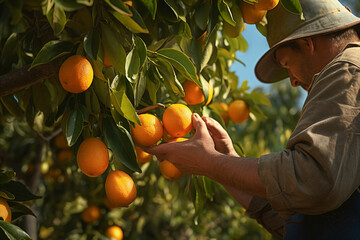 Farmer harvesting oranges on a citrus tree in Sicily, Italy. Ai generated
