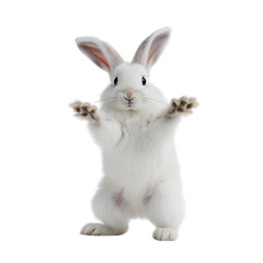 A curious white rabbit standing tall on its hind legs
