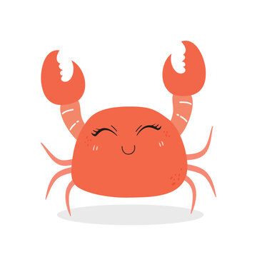 Cute and Funny Crab Cartoon Character Isolated In White Background. Funny Crab Illustration, Cute Red Crab.