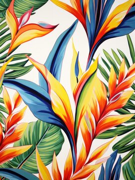 Vibrant Bird Of Paradise Leaf Pattern Wallpaper On White