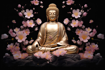 Buddha sitting on a lotus with glowing light, generative AI	
