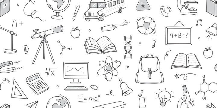 Back to school seamless pattern doodle. Hand drawn line doodle sketch style back to school background. Hand drawn book, bag, globe education elements background. Vector illustration.