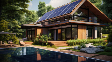 Fototapeta na wymiar Modern house with patio area and solar panels, many trees and a pool, generative AI 