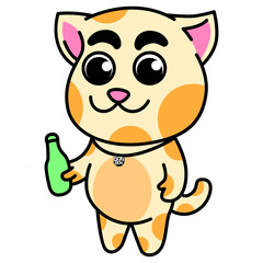 cartoon bonbon the cat mascot stand smile funny cat holding bottle smile thanks