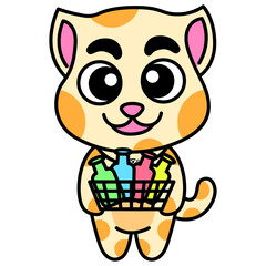 cartoon bonbon the cat mascot stand smile funny cat holding bottle tray smile