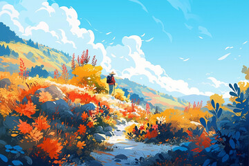 A woman hiking in a mountain in autumn full of flowers and plants, vivid color, blue sky