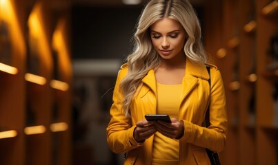 Closeup of woman in yellow jacket using mobile phone and holding shopping bags
