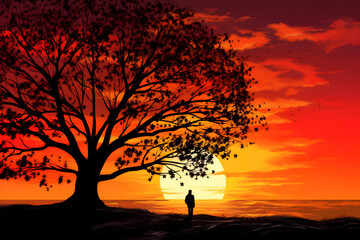 Silhouettes at Sunset. silhouette of a person or a tree against a vibrant sunset sky, with leaves falling gently, evoking a sense of tranquility and nostalgia.