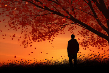 Fototapeta na wymiar Silhouettes at Sunset. silhouette of a person or a tree against a vibrant sunset sky, with leaves falling gently, evoking a sense of tranquility and nostalgia.