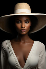 Portrait of sensual and elegant black woman with white hat. Radiant black beauty with unparalleled detail and clarity. Closeup portrait of a fashion model posing at studio.