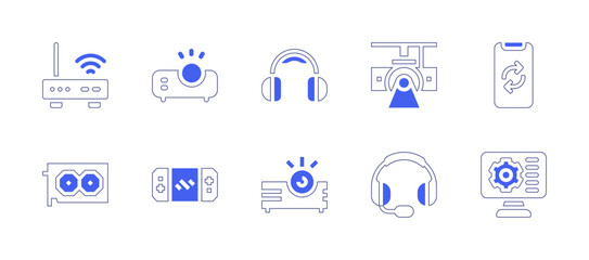 Device icon set. Duotone style line stroke and bold. Vector illustration. Containing router, projector, headphones, sync, graphic card, game console, headset, smart tv.
