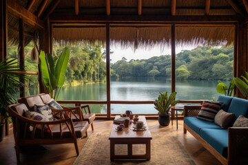Fototapeta premium Ecolodge or eco-lodge hotel interior with lake view