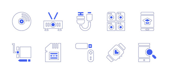 Device icon set. Duotone style line stroke and bold. Vector illustration. Containing vinyl, projector, usb cable, washer machine, ipad, tablet, sim card, streaming, smartwatch, smartphone.