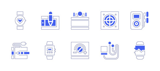 Device icon set. Duotone style line stroke and bold. Vector illustration. Containing fitness, graphic tablet, vacuum chamber, extractor hood, ipod, pen tablet, smartwatch, smart board, mp player. - obrazy, fototapety, plakaty
