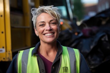 Smiling portrait of a middle aged caucasian woman working for a sanitation company in the city