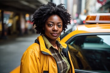 Smiling portrait of a young female african american taxi driver in new york - obrazy, fototapety, plakaty