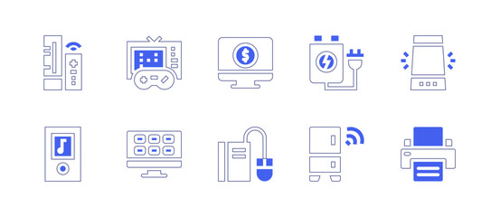 Device icon set. Duotone style line stroke and bold. Vector illustration. Containing game console, computer, rechargeable battery, voice assistant, ipod, smart tv, ebook, refrigeration, printer. - obrazy, fototapety, plakaty
