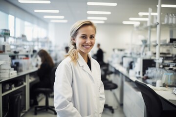Young caucasian female pharmacist working in a lab developing and making new medicine and pills