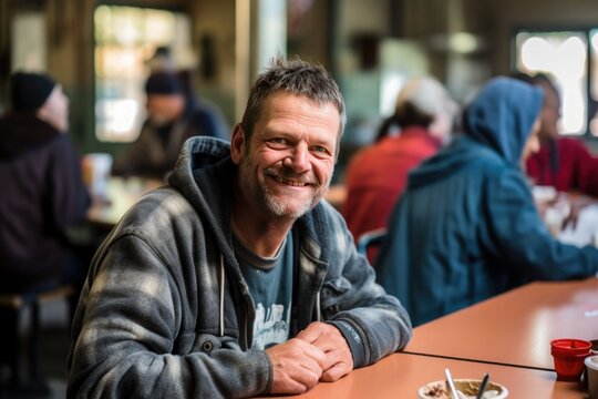 A homeless man eats in the shelter's canteen