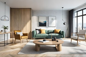 Naklejka na ściany i meble modern living room interior of sofa, chairs, with table window lightened lamp