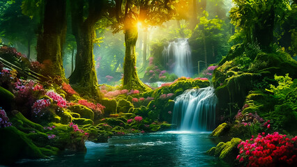 a flowing waterfall with moss and rocks under the sun surrounded by colorful flowers and tall trees